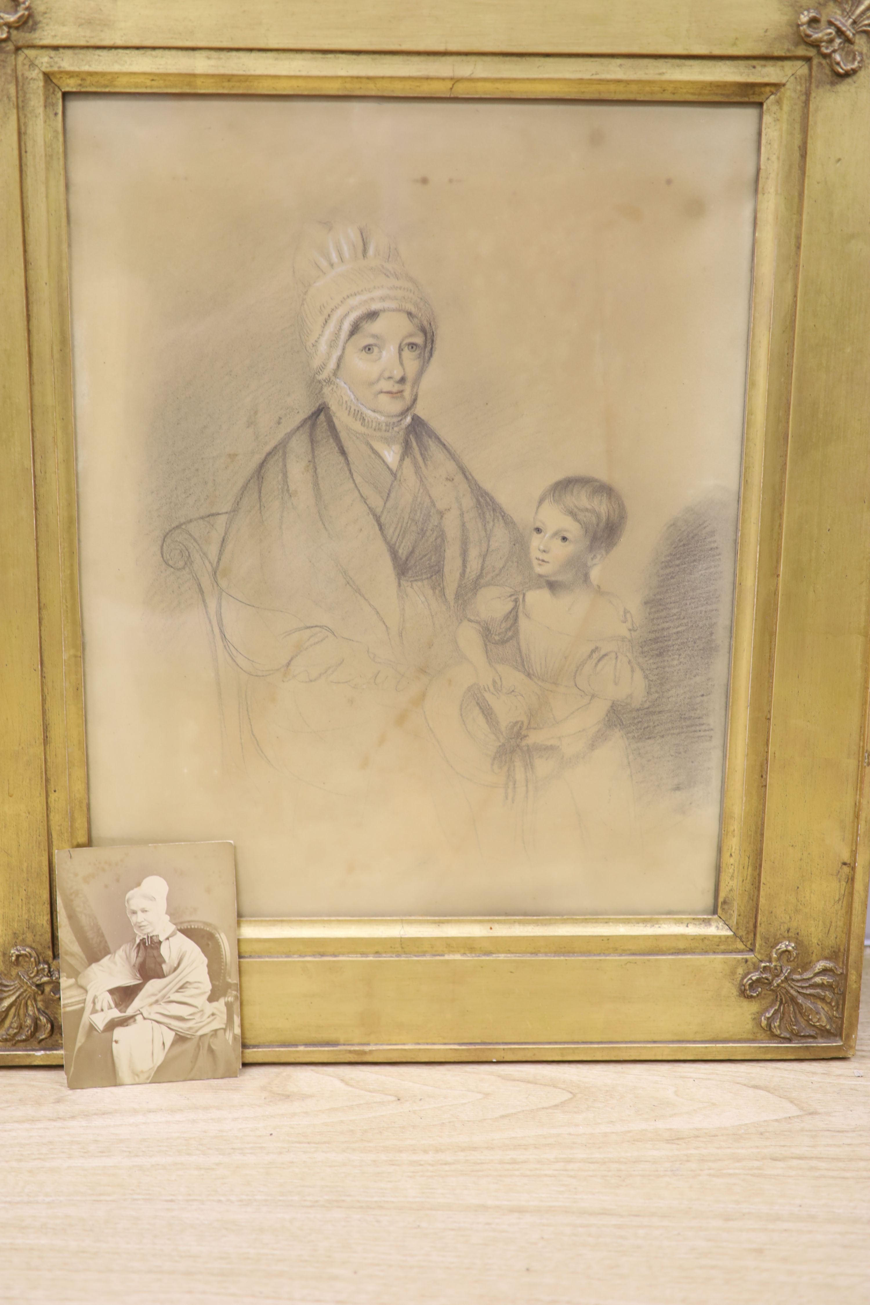 Victorian School, pair of charcoal and chalk, Portraits of Martha Gillet (1798-1882), 48 x 38cm, the other her daughter Florence Gillett (1873-1957)